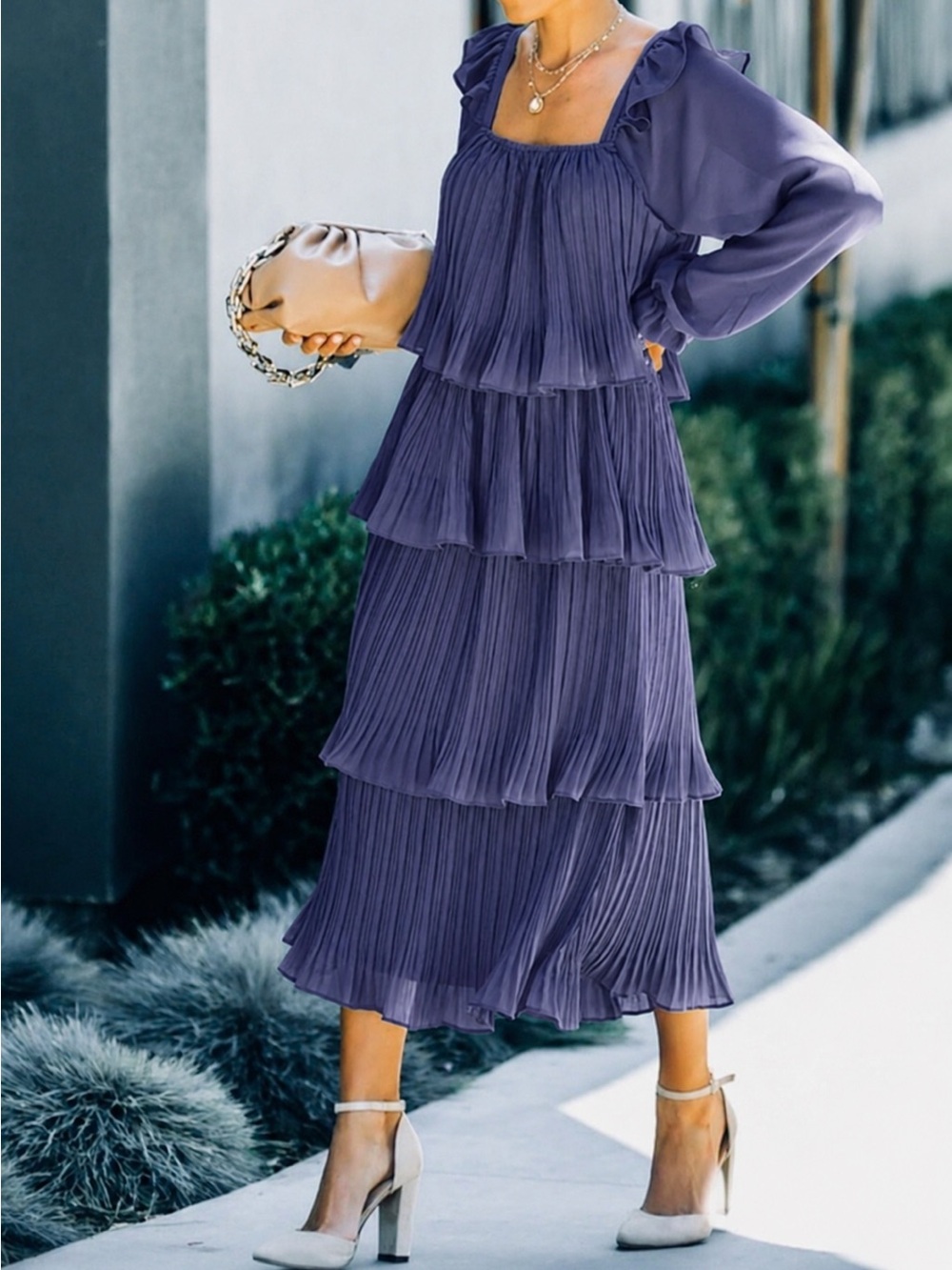 Vici Dust Blue Gray Ruffle Tiered Midi Dress Size Small Long Sleeves